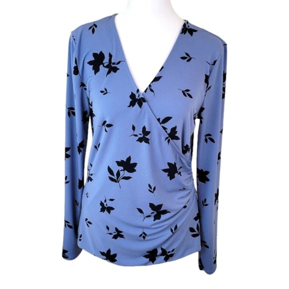 Ann Taylor Factory Tops - Ann Taylor Factory Faux Wrap LS Periwinkle Navy Floral Knit Top Womens Size M